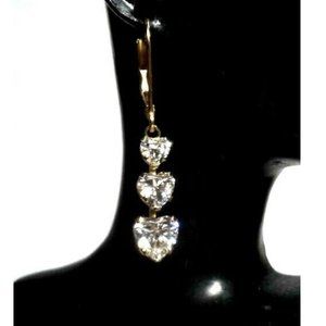 New WOT Solid 14K Yellow Gold Dangle Leverback Brilliance CZ Trio Heats Earrings
